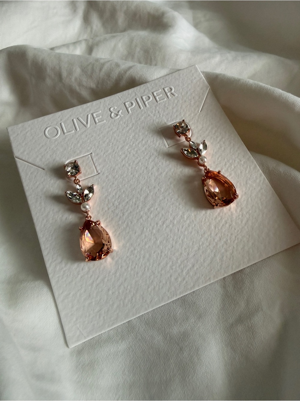 Pink Teardrop Crystal Drop Earrings in Rose Gold